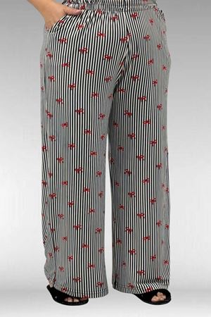 67802 Büyük Beden Yanı Yırtmaçlı Milan Pijama Takımı - Kırmızı Kurdele Desenli