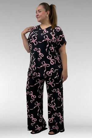 67802 Büyük Beden Yanı Yırtmaçlı Milan Pijama Takımı - Pembe Kurdele Desenli