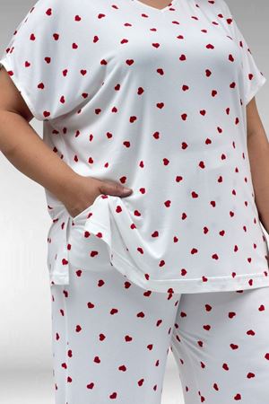 67802 Büyük Beden Yanı Yırtmaçlı Milan Pijama Takımı - Kırmızı Kalp Desenli