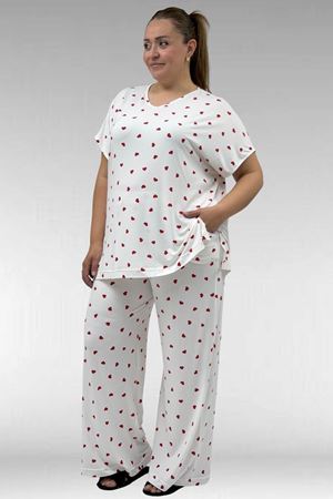 67802 Büyük Beden Yanı Yırtmaçlı Milan Pijama Takımı - Kırmızı Kalp Desenli