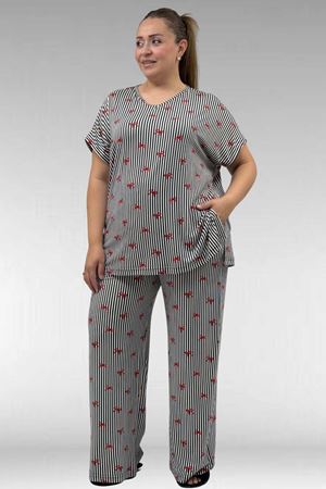 67802 Büyük Beden Yanı Yırtmaçlı Milan Pijama Takımı - Kırmızı Kurdele Desenli