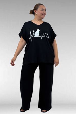 67804 Büyük Beden Yanı Yırtmaçlı Penye Pijama Takımı - Siyah