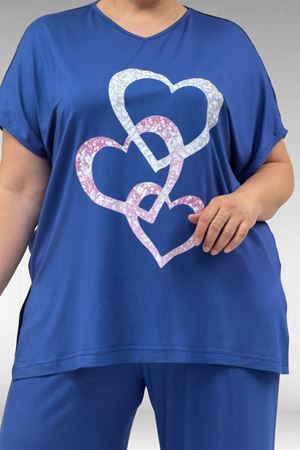 67803 Büyük Beden Yanı Yırtmaçlı Penye Pijama Takımı - İndigo