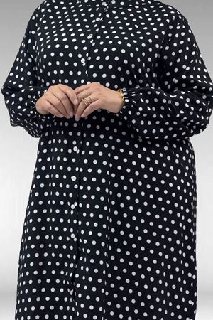 68046 Büyük Beden Hakim Yaka Boydan Düğmeli Mango Tunik - Siyah Puantiyeli
