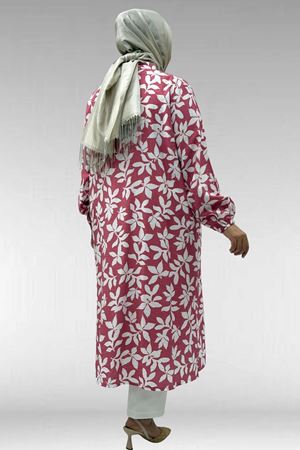 68046 Büyük Beden Hakim Yaka Boydan Düğmeli Mango Tunik - Yaprak Desen Pembe
