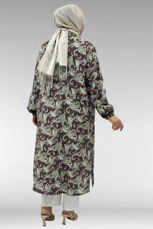 68046 Büyük Beden Hakim Yaka Boydan Düğmeli Mango Tunik - Etnik Desen Kahve