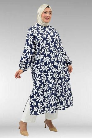 68046 Büyük Beden Hakim Yaka Boydan Düğmeli Mango Tunik - Yaprak Desenli Lacivert
