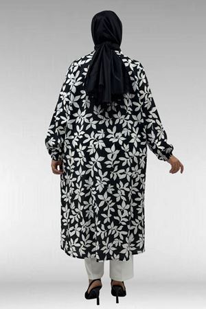 68046 Büyük Beden Hakim Yaka Boydan Düğmeli Mango Tunik - Yaprak Desenli Siyah