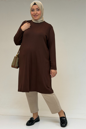 38501 Büyük Beden Basic Penye Tunik - Kahverengi