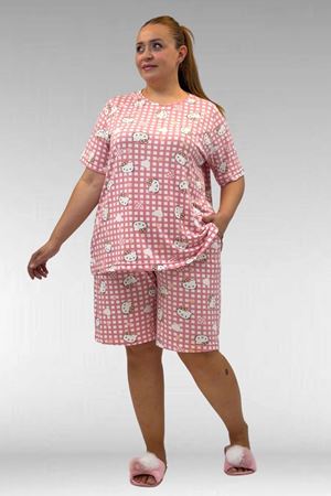 67805 Büyük Beden Desenli Şort-Tişört Pijama Takımı - Kedi Desenli
