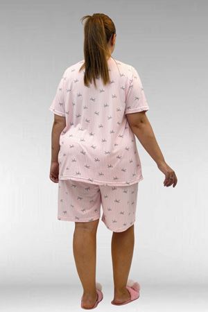 67805 Büyük Beden Desenli Şort-Tişört Pijama Takımı - Antrasit Kurdele Desenli