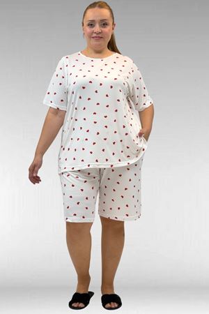 67805 Büyük Beden Desenli Şort-Tişört Pijama Takımı - Kırmızı Kalp Desenli