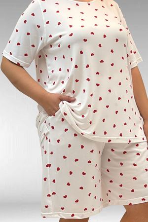 67805 Büyük Beden Desenli Şort-Tişört Pijama Takımı - Kırmızı Kalp Desenli