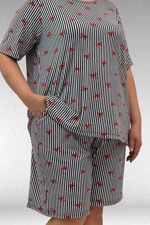 67805 Büyük Beden Desenli Şort-Tişört Pijama Takımı - Kırmızı Kurdele Desenli