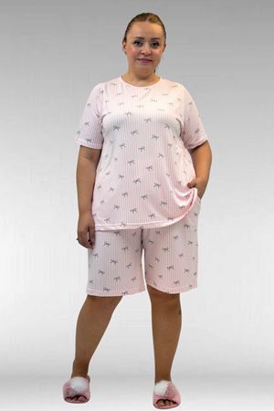 67805 Büyük Beden Desenli Şort-Tişört Pijama Takımı - Antrasit Kurdele Desenli