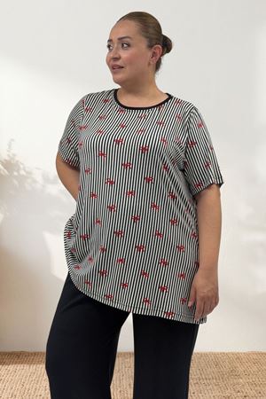 67809 Büyük Beden Üstü Desenli Kombinli Milan-Modal Pijama Takımı - Kırmızı Kurdele Desenli