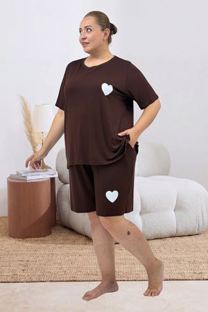 67807 Büyük Beden Baskılı Şort-Tişört Pijama Takımı - Kahve