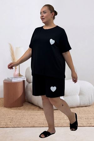 67807 Büyük Beden Baskılı Şort-Tişört Pijama Takımı - Siyah