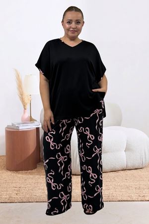 67808 Büyük Beden Kombinli Modal -Milan Pijama Takımı - Pembe Kurdele Desenli
