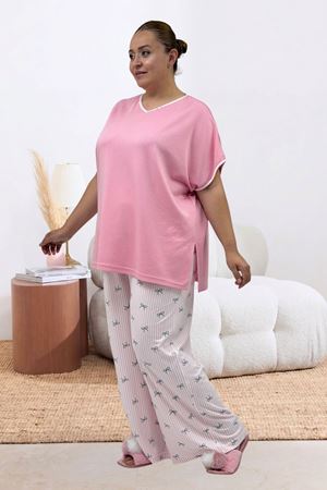67808 Büyük Beden Kombinli Modal -Milan Pijama Takımı - Antrasit Kurdele Desenli