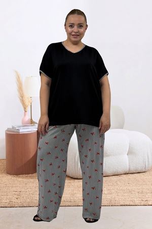 67808 Büyük Beden Kombinli Modal -Milan Pijama Takımı - Kırmızı Kurdele Desenli