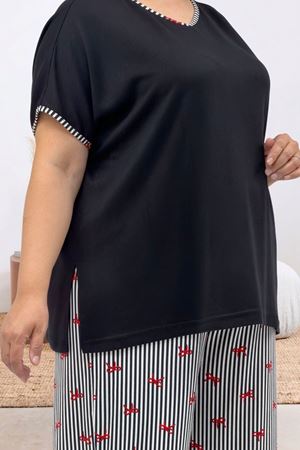 67808 Büyük Beden Kombinli Modal -Milan Pijama Takımı - Kırmızı Kurdele Desenli