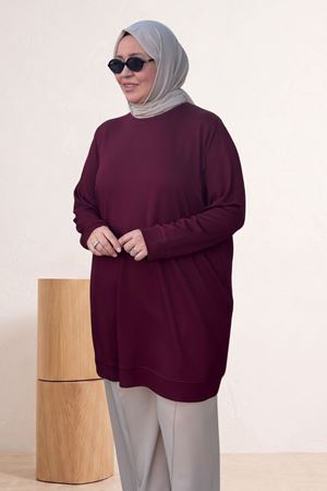 68052 Büyük Beden Kendi Kumaşından Ribanalı Modal Tunik - Bordo