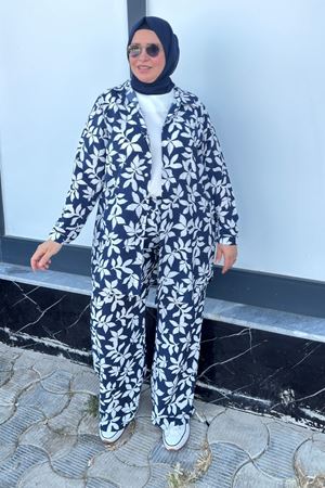 67052 Büyük Beden Kol Manşetli Pantolonlu Mango Takım - Yaprak Desenli Lacivert