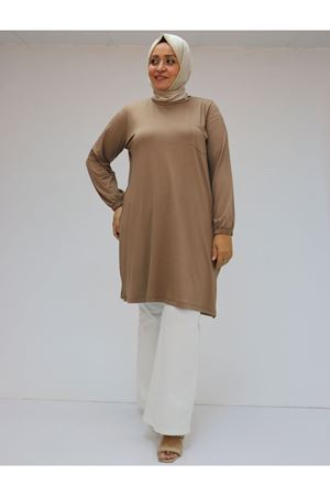38014 Büyük Beden  Basic Penye Tunik - Vizon