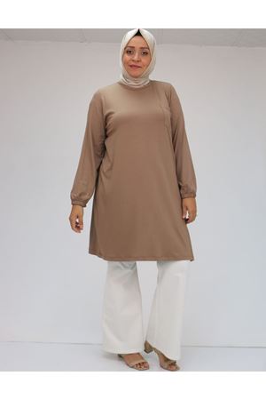 38014 Büyük Beden  Basic Penye Tunik - Vizon