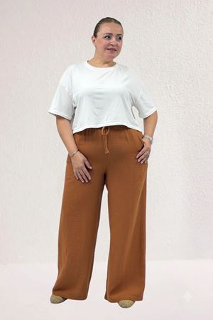 59021 Büyük Beden Beli Lastikli Müslim Bol Paça Pantolon - Tarçın