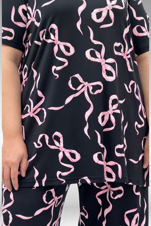 67801 Büyük Beden Kısakol Desenli  Pijama Takımı - Pembe Kurdele Desenli