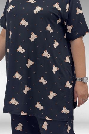 67801 Büyük Beden Kısakol Desenli  Pijama Takımı - Ayıcık Desenli