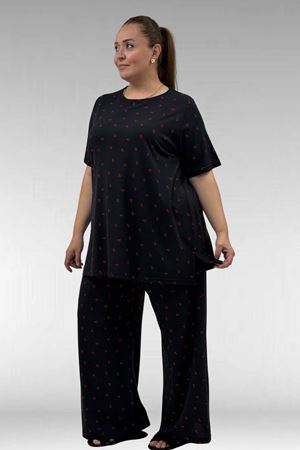 67801 Büyük Beden Kısakol Desenli  Pijama Takımı - Kiraz Desenli