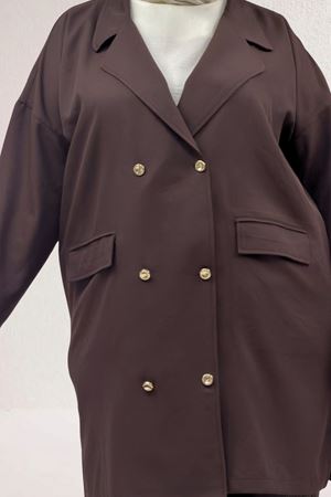 63015 Büyük Beden Mostralı Keten Blazer Ceket - Kahve