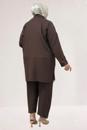 63015 Büyük Beden Mostralı Keten Blazer Ceket - Kahve