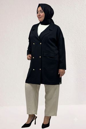 63015 Büyük Beden Mostralı Keten Blazer Ceket - Siyah
