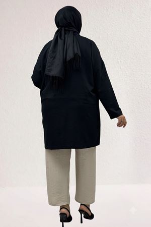 63015 Büyük Beden Mostralı Keten Blazer Ceket - Siyah