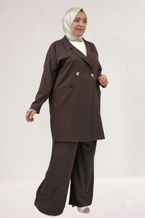 67056-1 Büyük Beden Blazer Ceket - Pantolon Nova Takım - Kahve