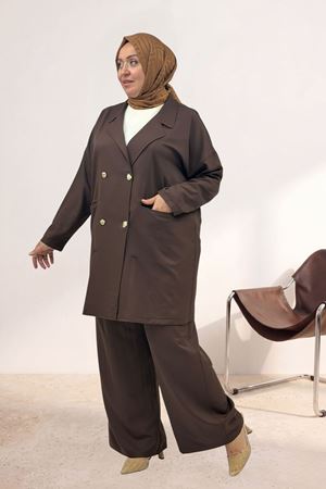 67056 Büyük Beden Blazer Ceket - Pantolon Nova Takım - Kahve