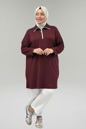68057 Büyük Beden Yarım Pat Fermuarlı Modal Tunik - Bordo