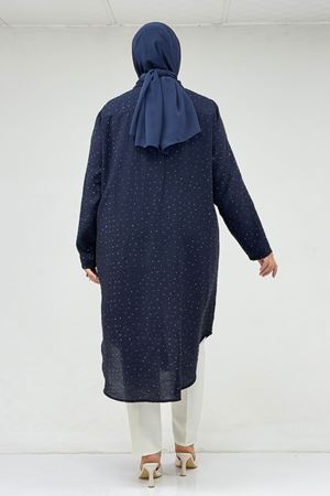 68058 Büyük Beden Taş Detaylı Kolu Manşetli Mango Tunik - Lacivert