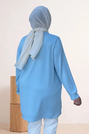 68052 Büyük Beden Kendi Kumaşından Ribanalı Modal Tunik - Bebe Mavi