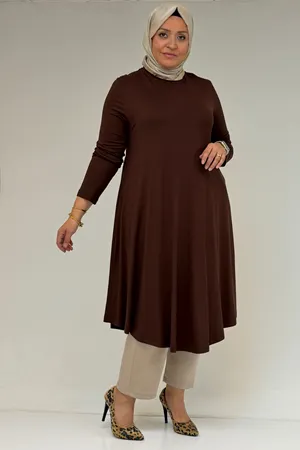 28016 Büyük Beden Mevlana Penye Tunik - Kahve