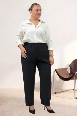 69016 Büyük Beden Beli Lastikli Cepli Jakar Pantolon - Siyah
