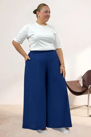 69019 Büyük Beden Bol Paça Cepli Bürümcük Pantolon - Lacivert