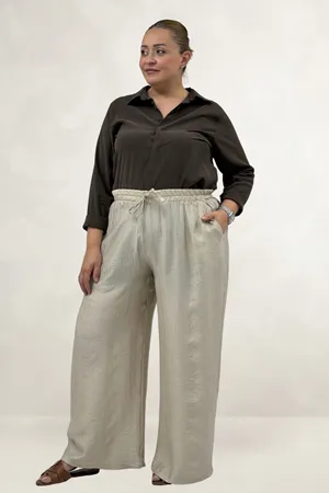 69012 Büyük Beden Beli Lastikli Cepli Bol Paça Double Tensel Pantolon - Bej
