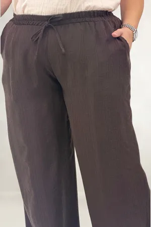 69012 Büyük Beden Beli Lastikli Cepli Bol Paça Double Tensel Pantolon - Kahve