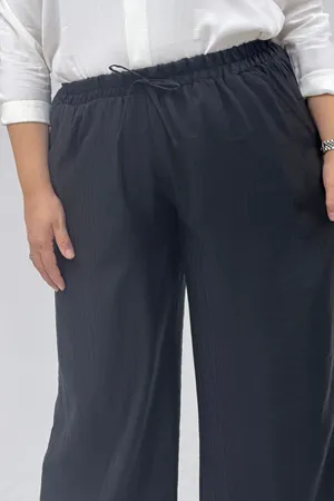 69012 Büyük Beden Beli Lastikli Cepli Bol Paça Double Tensel Pantolon - Siyah