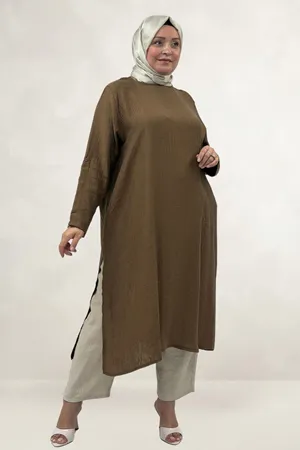 68077 Büyük Beden.Yanları Yırtmaçlı Double Tensel Tunik - Taba